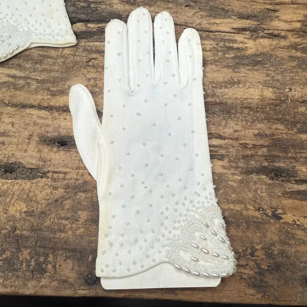 Vintage La Regale Ivory Pearl Beaded Nylon Stretch Gloves Original Box
